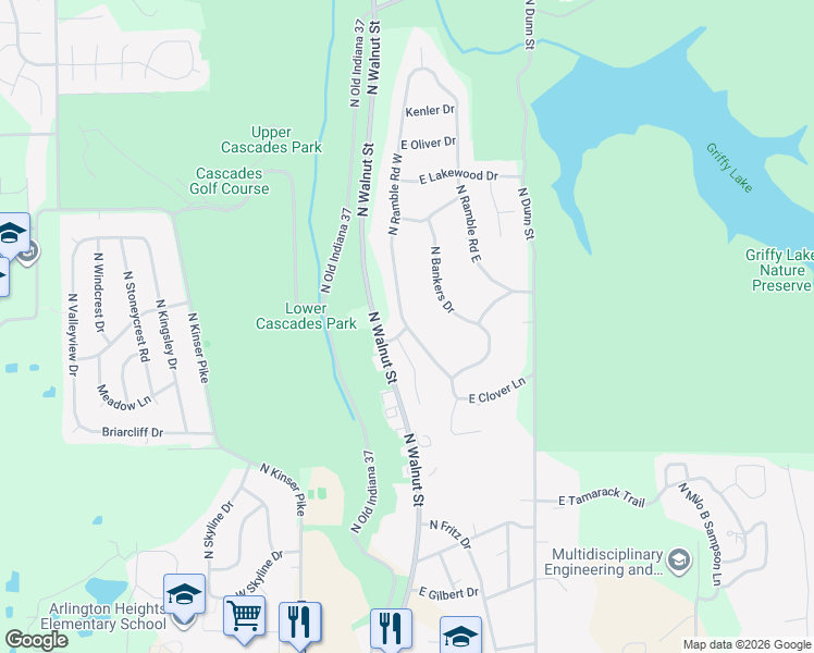 map of restaurants, bars, coffee shops, grocery stores, and more near 2900 North Ramble Road West in Bloomington