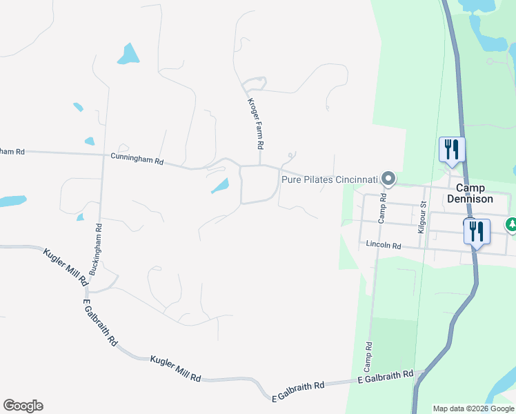 map of restaurants, bars, coffee shops, grocery stores, and more near 9675 Cunningham Road in Cincinnati
