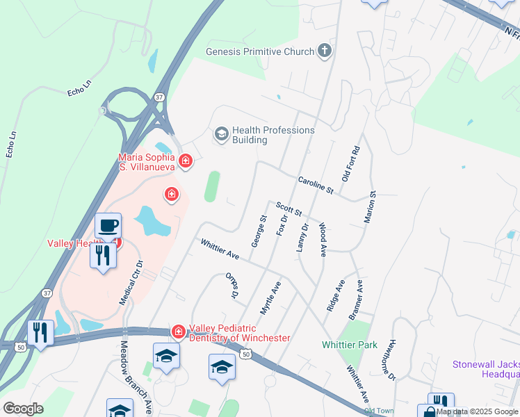 map of restaurants, bars, coffee shops, grocery stores, and more near 401 George Street in Winchester