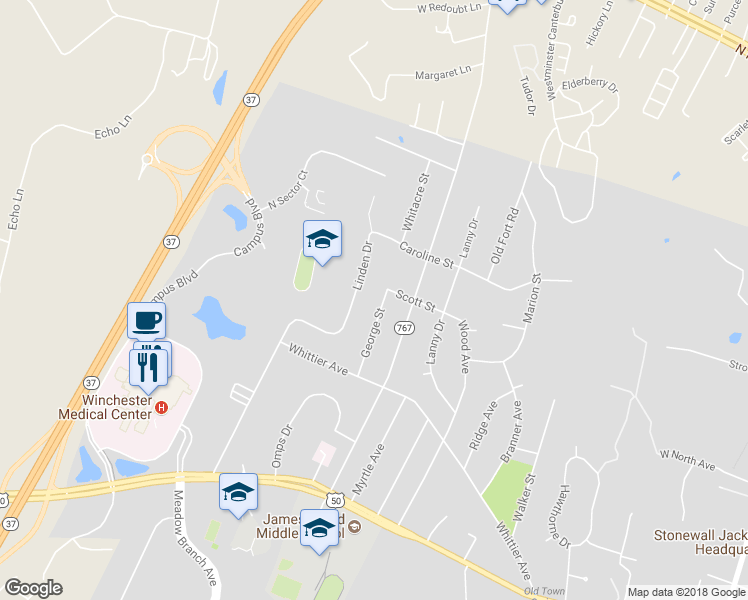 map of restaurants, bars, coffee shops, grocery stores, and more near 401 George Street in Winchester