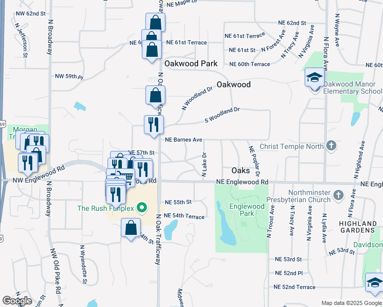 map of restaurants, bars, coffee shops, grocery stores, and more near 5720 North Lake Drive in Kansas City