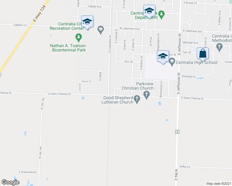 map of restaurants, bars, coffee shops, grocery stores, and more near 319 West Gano Chance Drive in Centralia