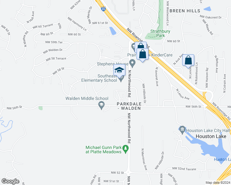 map of restaurants, bars, coffee shops, grocery stores, and more near 5645 North Anita Avenue in Kansas City