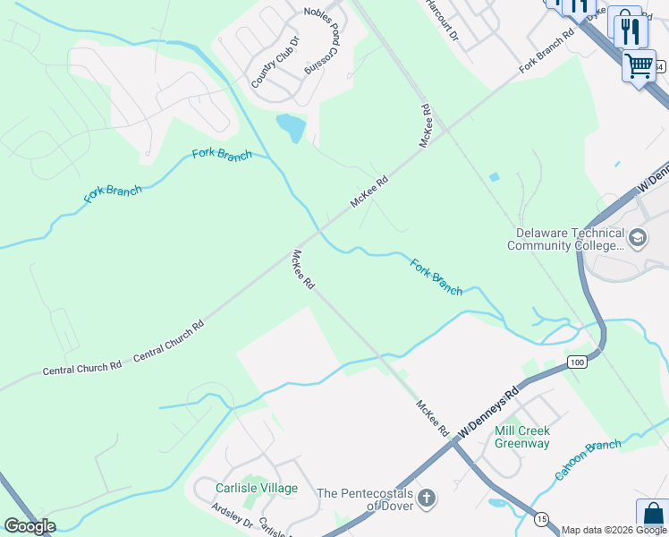 map of restaurants, bars, coffee shops, grocery stores, and more near 2578 Central Church Road in Dover