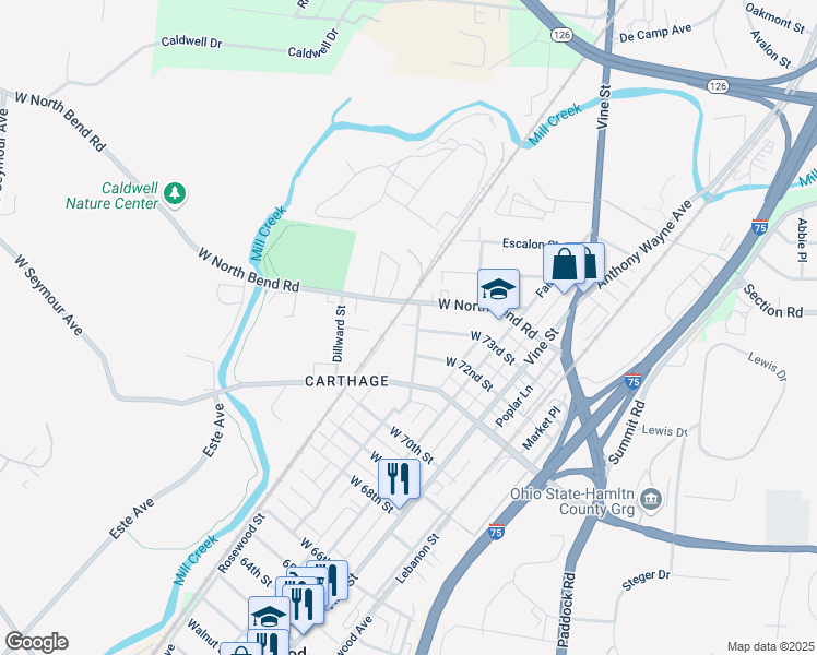 map of restaurants, bars, coffee shops, grocery stores, and more near 7309 Van Kirk Avenue in Cincinnati