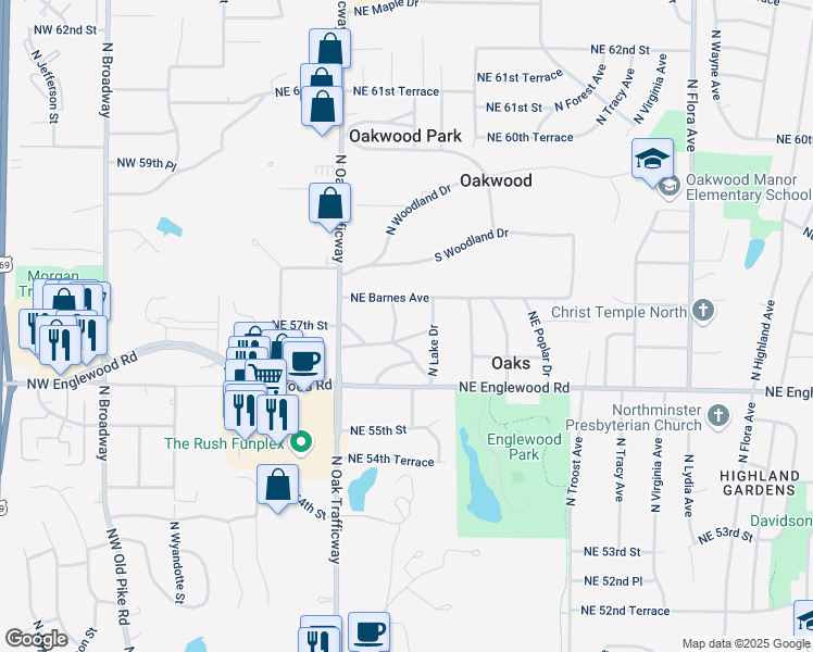 map of restaurants, bars, coffee shops, grocery stores, and more near 5720 North Lake Drive in Kansas City