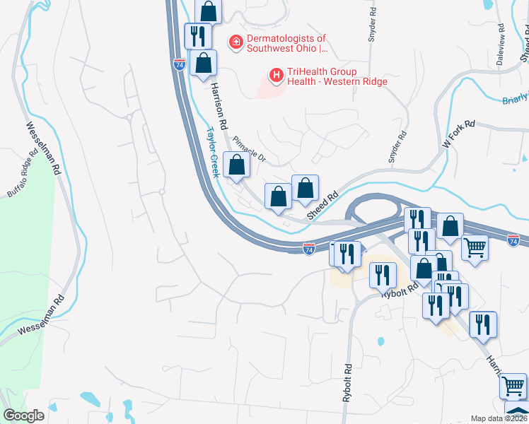 map of restaurants, bars, coffee shops, grocery stores, and more near 6801 Harrison Avenue in Cincinnati