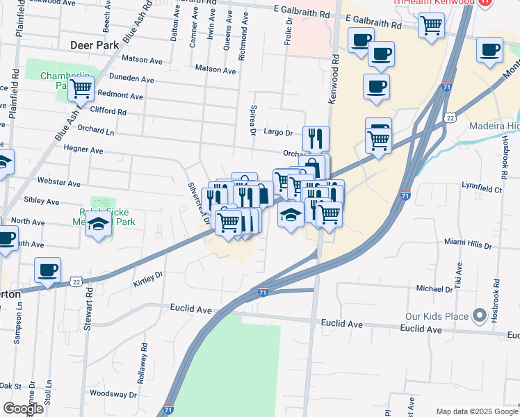 map of restaurants, bars, coffee shops, grocery stores, and more near 7739 Montgomery Road in Cincinnati