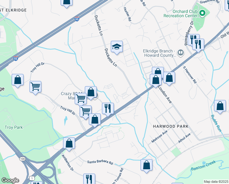 map of restaurants, bars, coffee shops, grocery stores, and more near 7100 Ducketts Lane in Elkridge