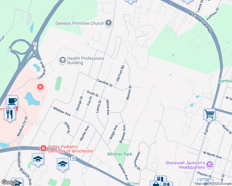 map of restaurants, bars, coffee shops, grocery stores, and more near 1205 Caroline Street in Winchester