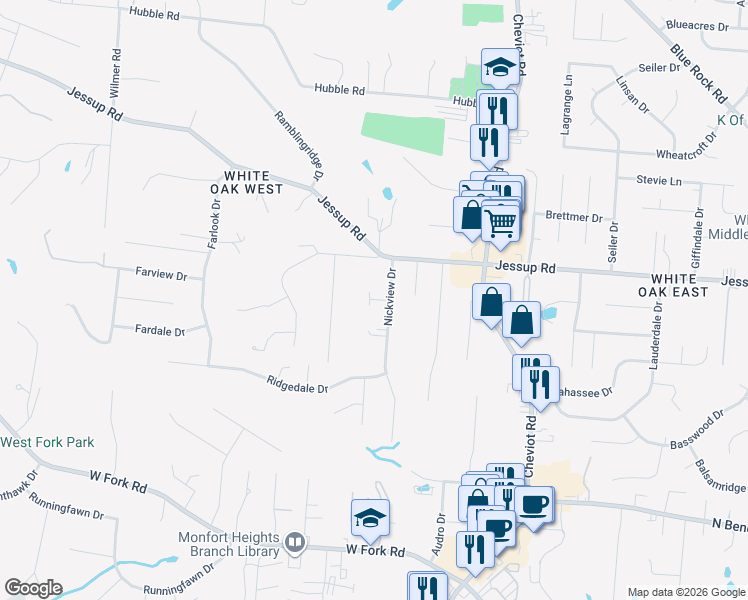 map of restaurants, bars, coffee shops, grocery stores, and more near 5741 Nickview Drive in Cincinnati