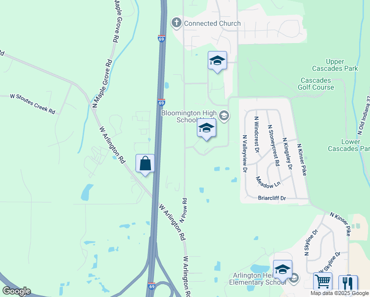 map of restaurants, bars, coffee shops, grocery stores, and more near 3094 North Prow Road in Bloomington