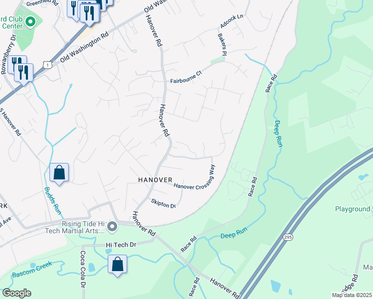 map of restaurants, bars, coffee shops, grocery stores, and more near 6215 Mill River Court in Hanover