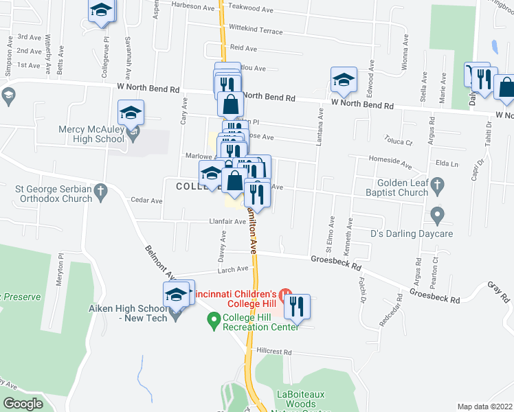map of restaurants, bars, coffee shops, grocery stores, and more near 5818 Hamilton Avenue in Cincinnati