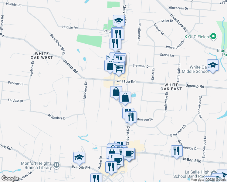map of restaurants, bars, coffee shops, grocery stores, and more near 5777 Cheviot Road in Cincinnati