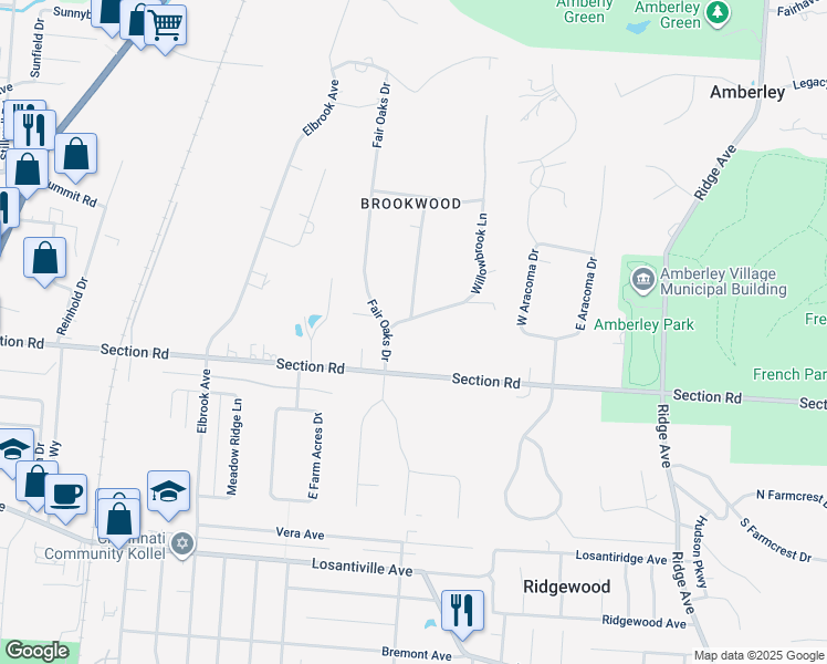 map of restaurants, bars, coffee shops, grocery stores, and more near 2501 Willowbrook Drive in Cincinnati