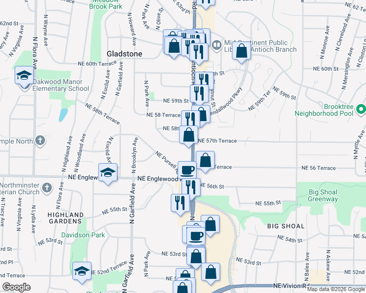 map of restaurants, bars, coffee shops, grocery stores, and more near 2504 Northeast 57th Terrace in Gladstone