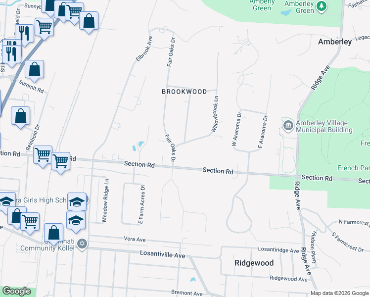 map of restaurants, bars, coffee shops, grocery stores, and more near 2501 Willowbrook Drive in Cincinnati