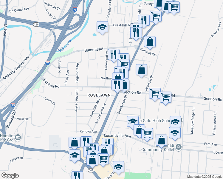 map of restaurants, bars, coffee shops, grocery stores, and more near 7504 Griffin Drive in Cincinnati