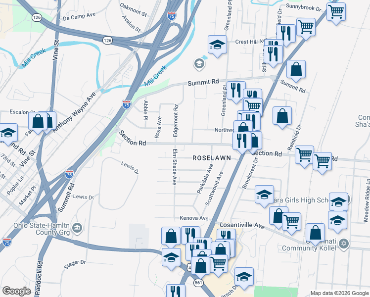 map of restaurants, bars, coffee shops, grocery stores, and more near 1522 Section Road in Cincinnati