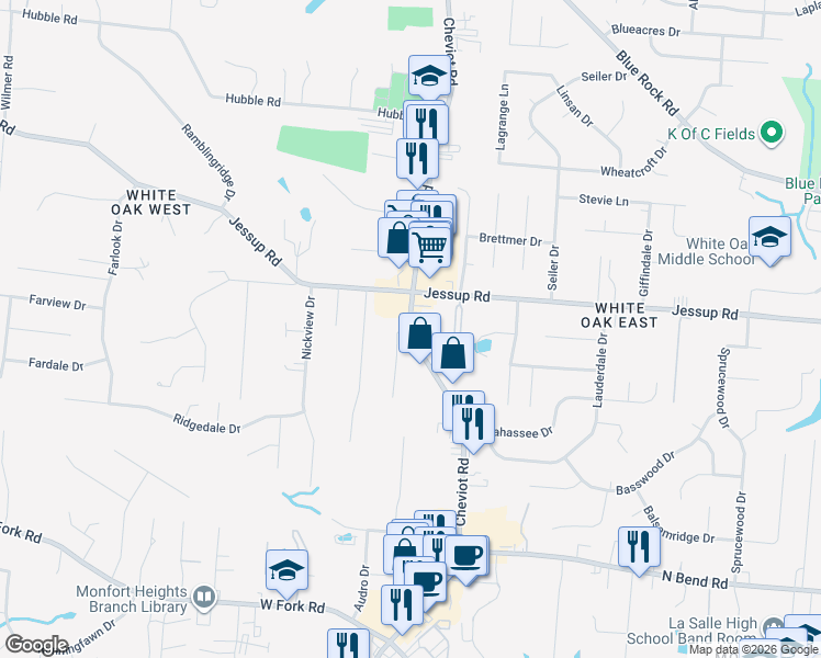map of restaurants, bars, coffee shops, grocery stores, and more near 5777 Cheviot Road in Cincinnati