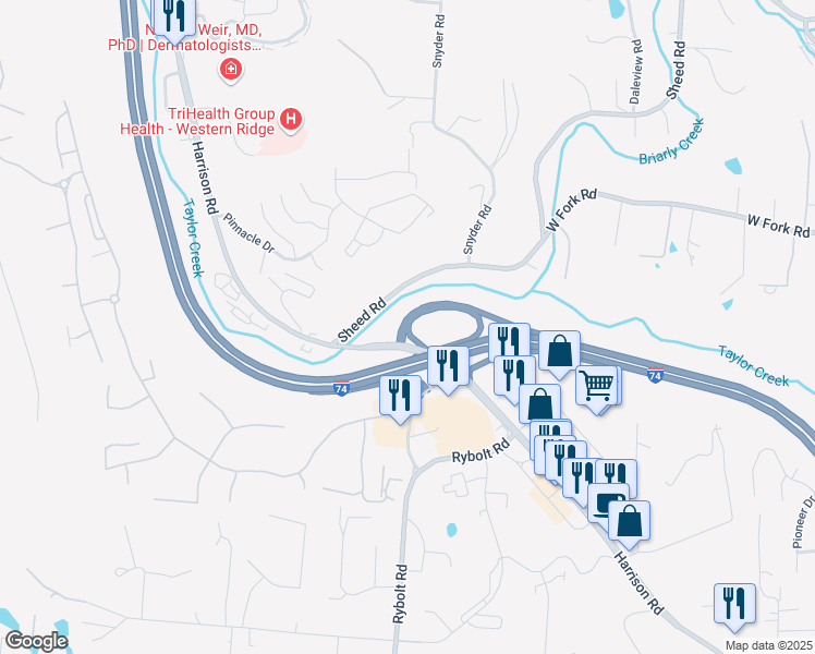 map of restaurants, bars, coffee shops, grocery stores, and more near 6708 Harrison Avenue in Cincinnati