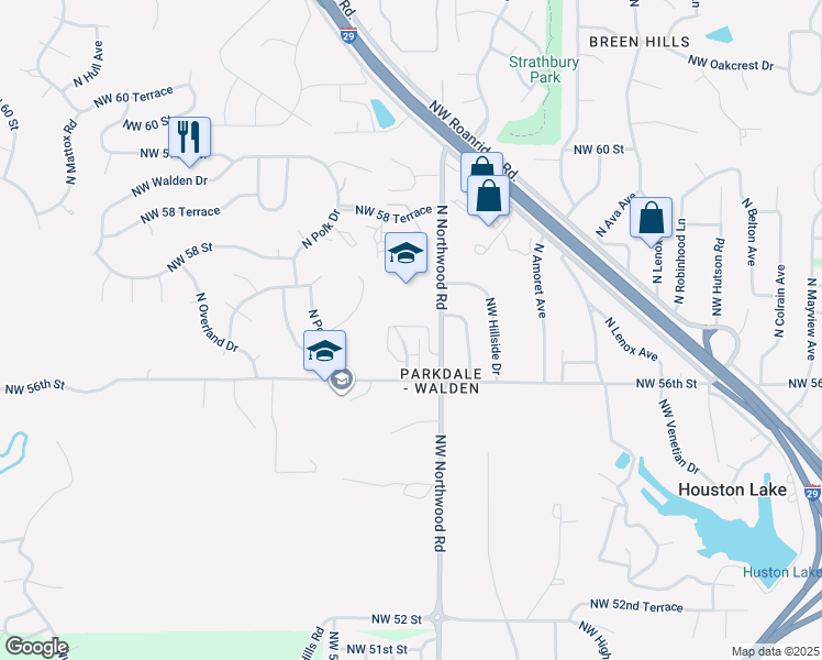 map of restaurants, bars, coffee shops, grocery stores, and more near 4524 Northwest 57th Street in Kansas City