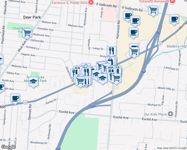 map of restaurants, bars, coffee shops, grocery stores, and more near 7735 Montgomery Road in Cincinnati
