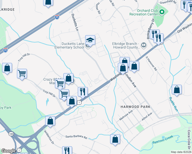 map of restaurants, bars, coffee shops, grocery stores, and more near 7050 Ducketts Lane in Elkridge