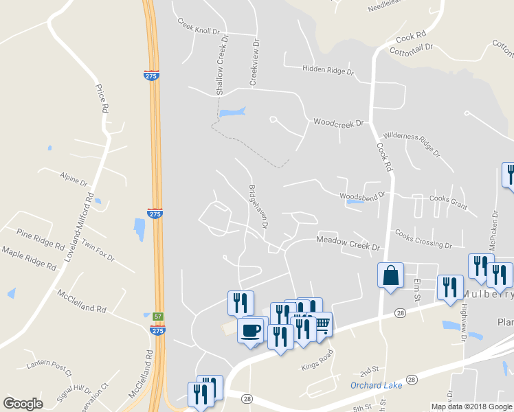 map of restaurants, bars, coffee shops, grocery stores, and more near 6001 Bridgehaven Drive in Milford