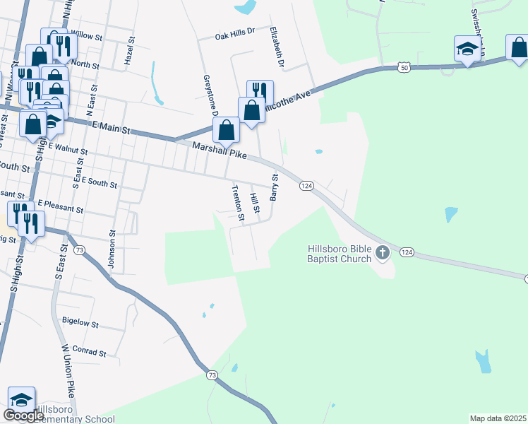 map of restaurants, bars, coffee shops, grocery stores, and more near 227 Barry Street in Hillsboro