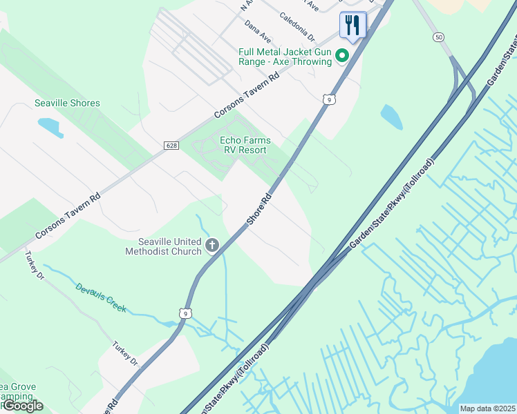 map of restaurants, bars, coffee shops, grocery stores, and more near 3080 Shore Road in Cape May County