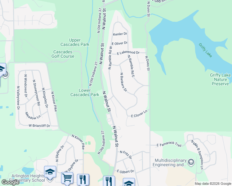 map of restaurants, bars, coffee shops, grocery stores, and more near 2900-2998 N Ramble Rd W in Bloomington