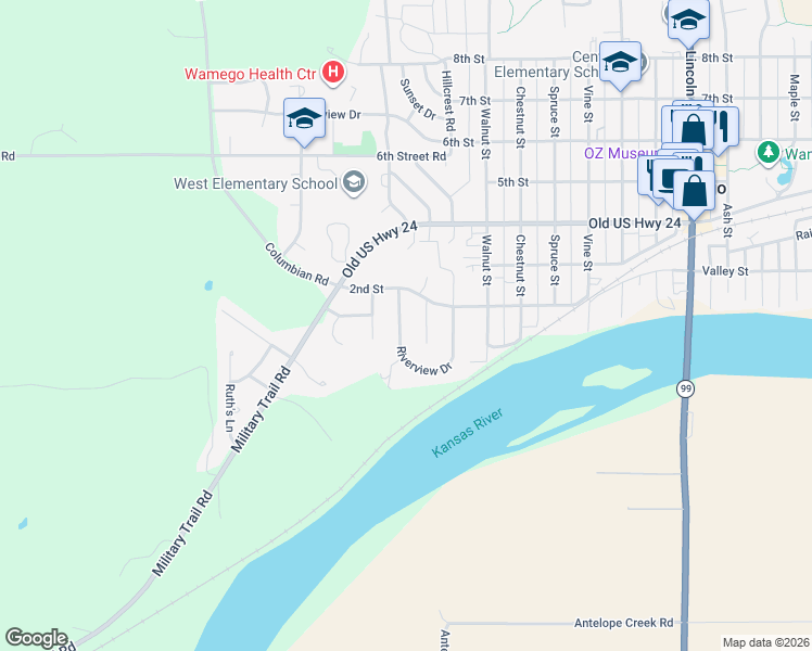 map of restaurants, bars, coffee shops, grocery stores, and more near 135 Riverview Drive in Wamego