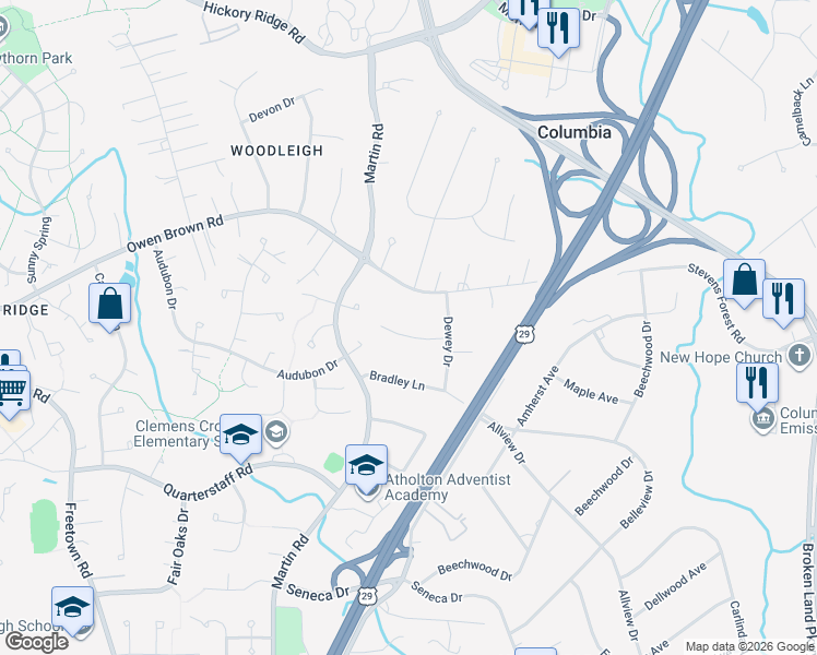 map of restaurants, bars, coffee shops, grocery stores, and more near 10214 Macgill Avenue in Columbia