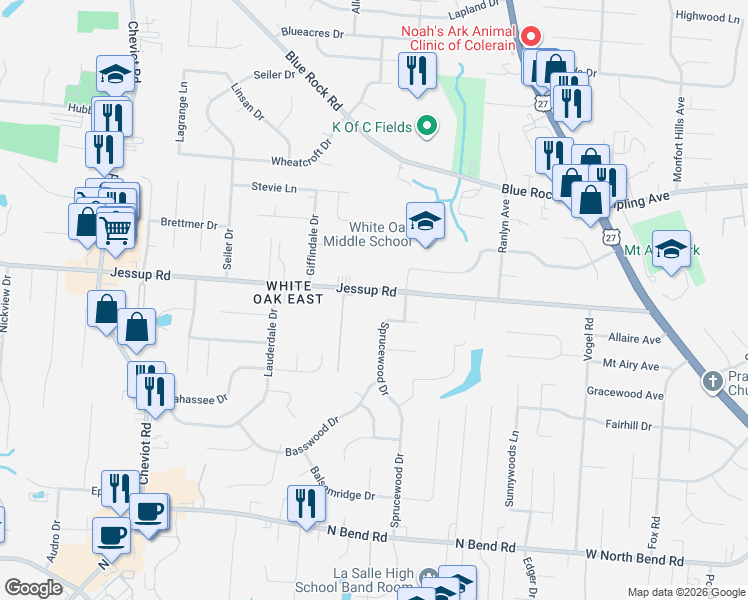 map of restaurants, bars, coffee shops, grocery stores, and more near 3207 Jessup Road in Cincinnati