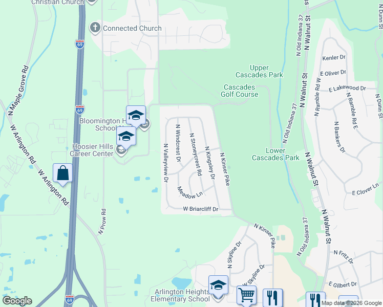 map of restaurants, bars, coffee shops, grocery stores, and more near 922 West Winding Way in Bloomington