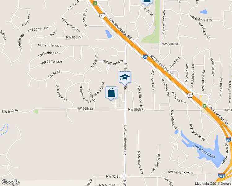 map of restaurants, bars, coffee shops, grocery stores, and more near 4524 Northwest 57th Street in Kansas City