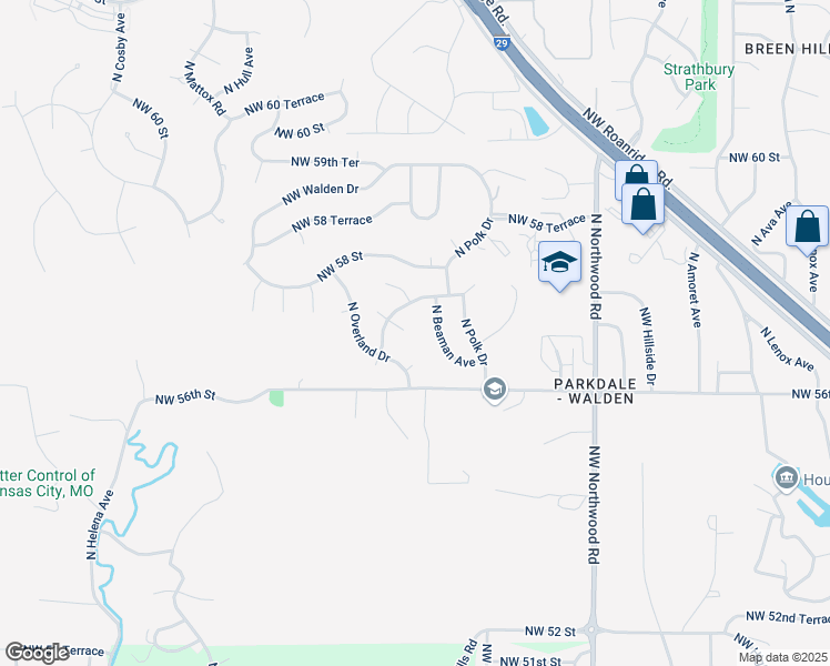 map of restaurants, bars, coffee shops, grocery stores, and more near 5732 North Beaman Avenue in Kansas City