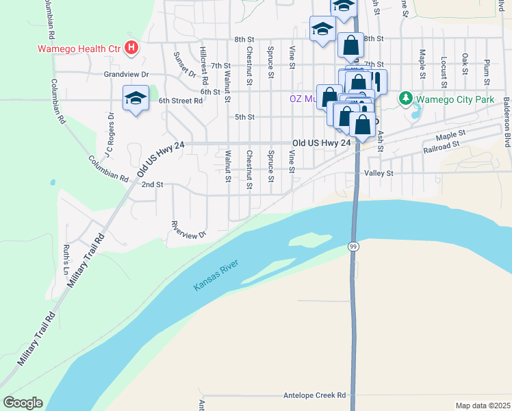 map of restaurants, bars, coffee shops, grocery stores, and more near 113 Chestnut St in Wamego