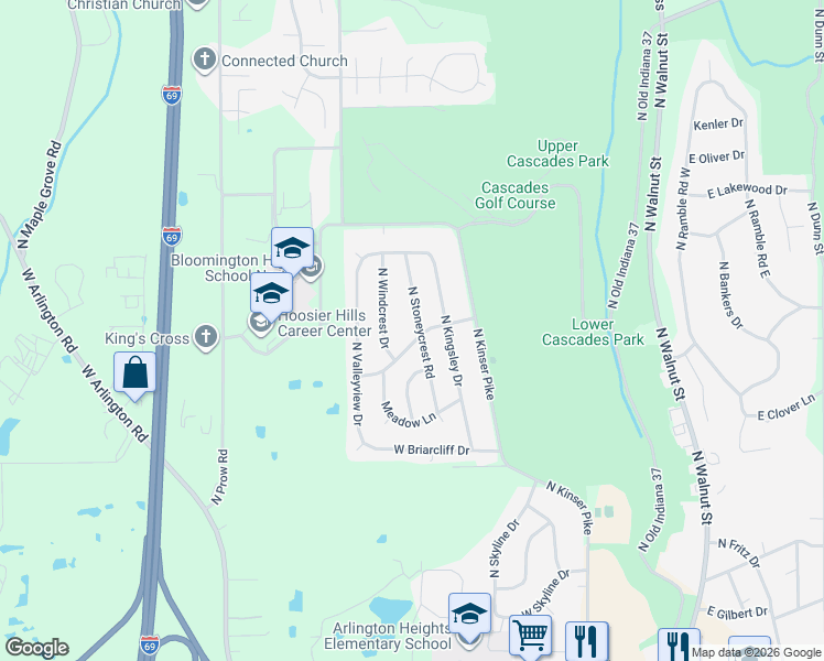 map of restaurants, bars, coffee shops, grocery stores, and more near 922 West Winding Way in Bloomington