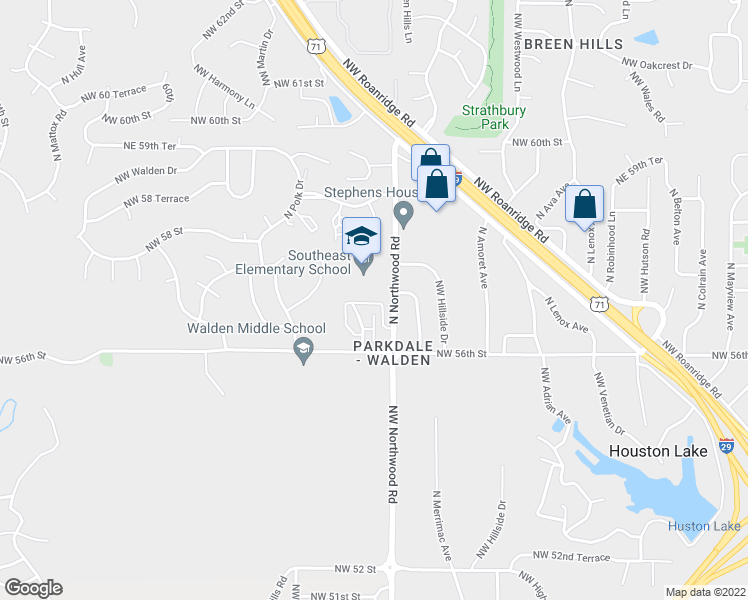 map of restaurants, bars, coffee shops, grocery stores, and more near 4500 Northwest 57th Street in Kansas City