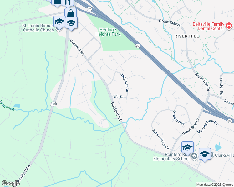 map of restaurants, bars, coffee shops, grocery stores, and more near 6409 Erin Drive in Clarksville