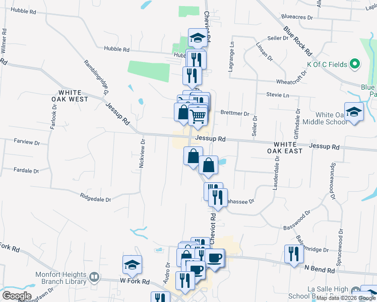 map of restaurants, bars, coffee shops, grocery stores, and more near 5777 Cheviot Road in Cincinnati