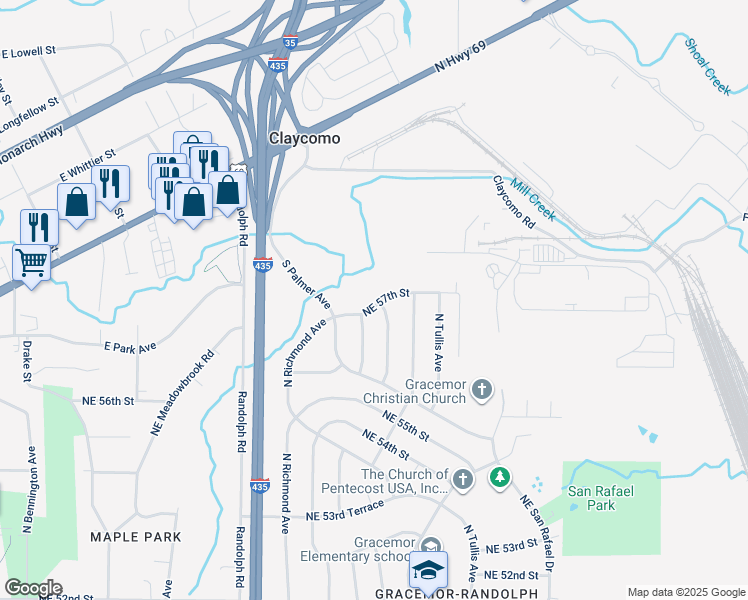 map of restaurants, bars, coffee shops, grocery stores, and more near 7812 Northeast 57th Street in Kansas City