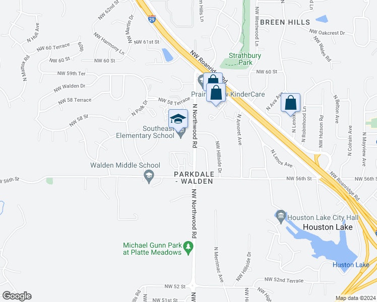 map of restaurants, bars, coffee shops, grocery stores, and more near 4400 Northwest 57th Street in Kansas City