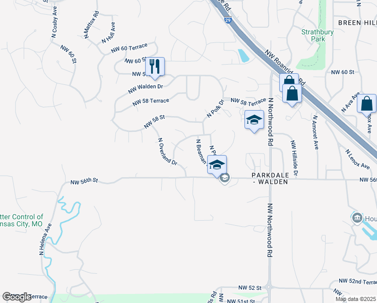 map of restaurants, bars, coffee shops, grocery stores, and more near 5732 North Beaman Avenue in Kansas City