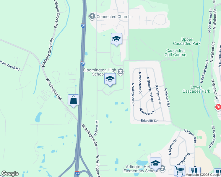 map of restaurants, bars, coffee shops, grocery stores, and more near 3070 North Prow Road in Bloomington