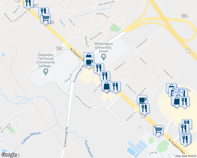 map of restaurants, bars, coffee shops, grocery stores, and more near 1710 North Dupont Highway in Dover