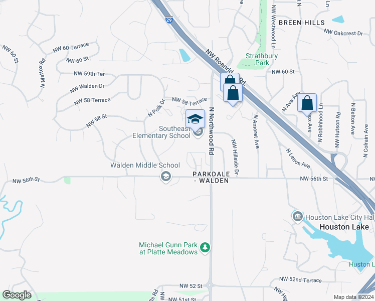 map of restaurants, bars, coffee shops, grocery stores, and more near 4528 Northwest 57th Street in Kansas City
